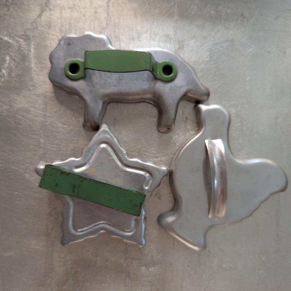 Vintage 3 Metal Cookie Cutters 2  Green Handles One Aluminum
